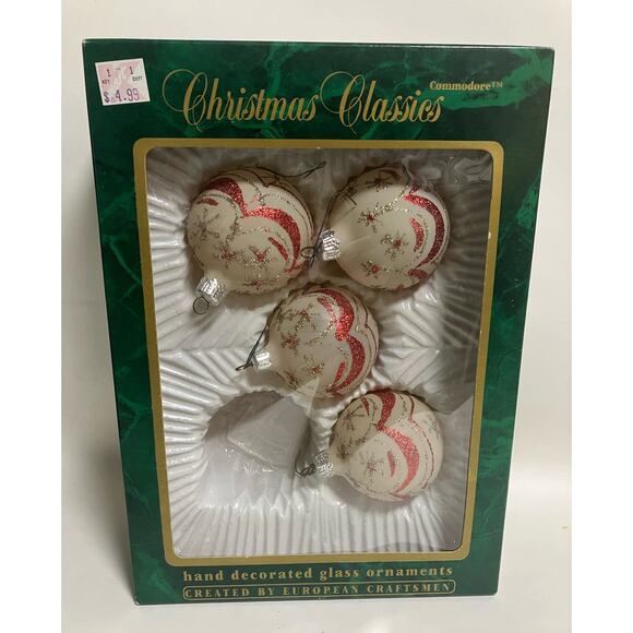 4 VTG Commodore Christmas Classics Ornaments White Red Glitter Star Swirl - Picture 1 of 5